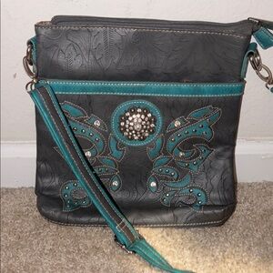Embellished Gray and Teal Crossbody Bag